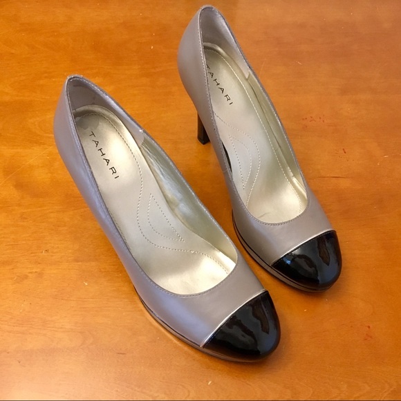 Tahari Shoes - Tahari Gray and Black Patent Toe Pumps